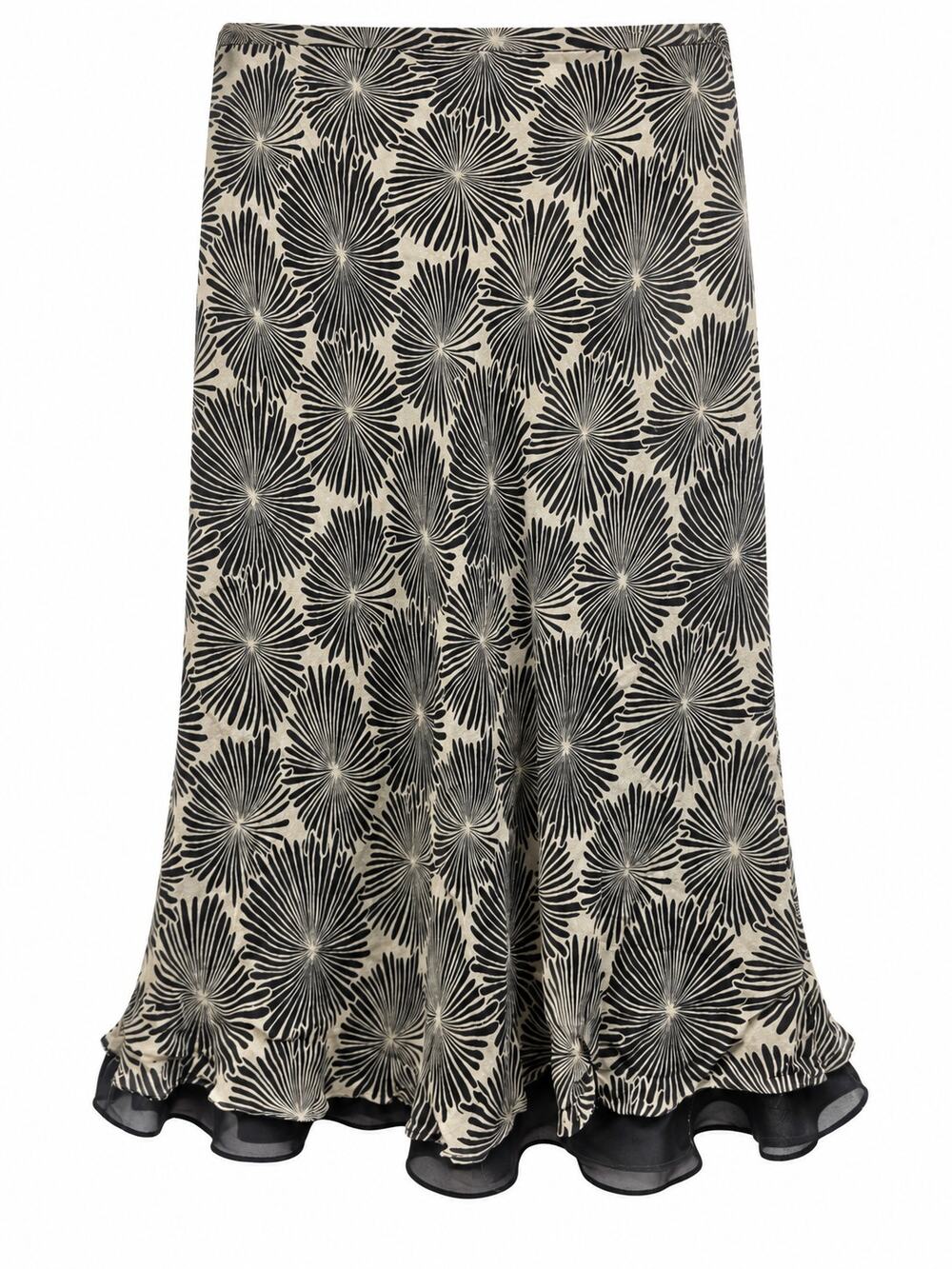Rafaella 100% Silk Skirt Size 10 Black Beige Floral Midi Ruffle Hem